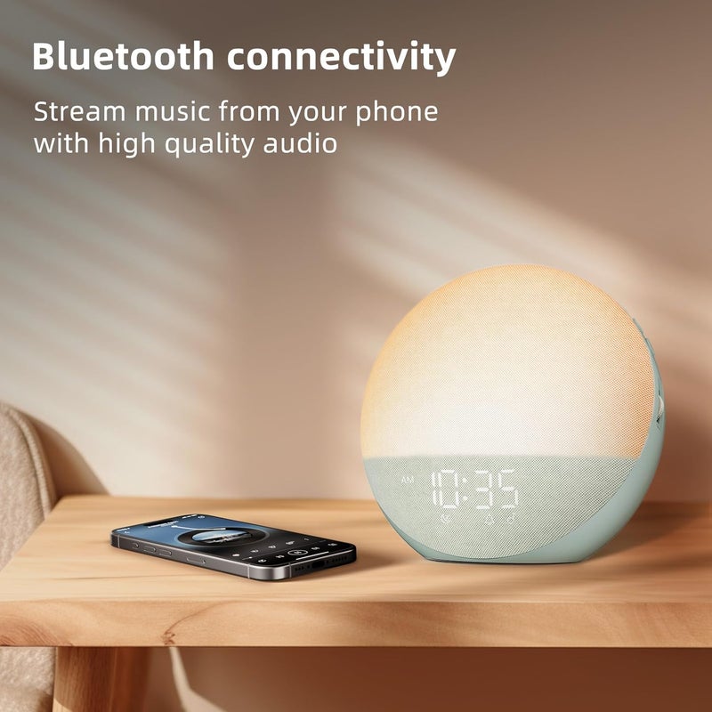Odokee Sunrise Alarm Clock White Noise Machine: Natural Wake Up Light - Dimmable Clock with Bluetooth Speaker for Bedroom - 25 Sleep Sounds for Baby Adults Kids Sage Green - Image 3